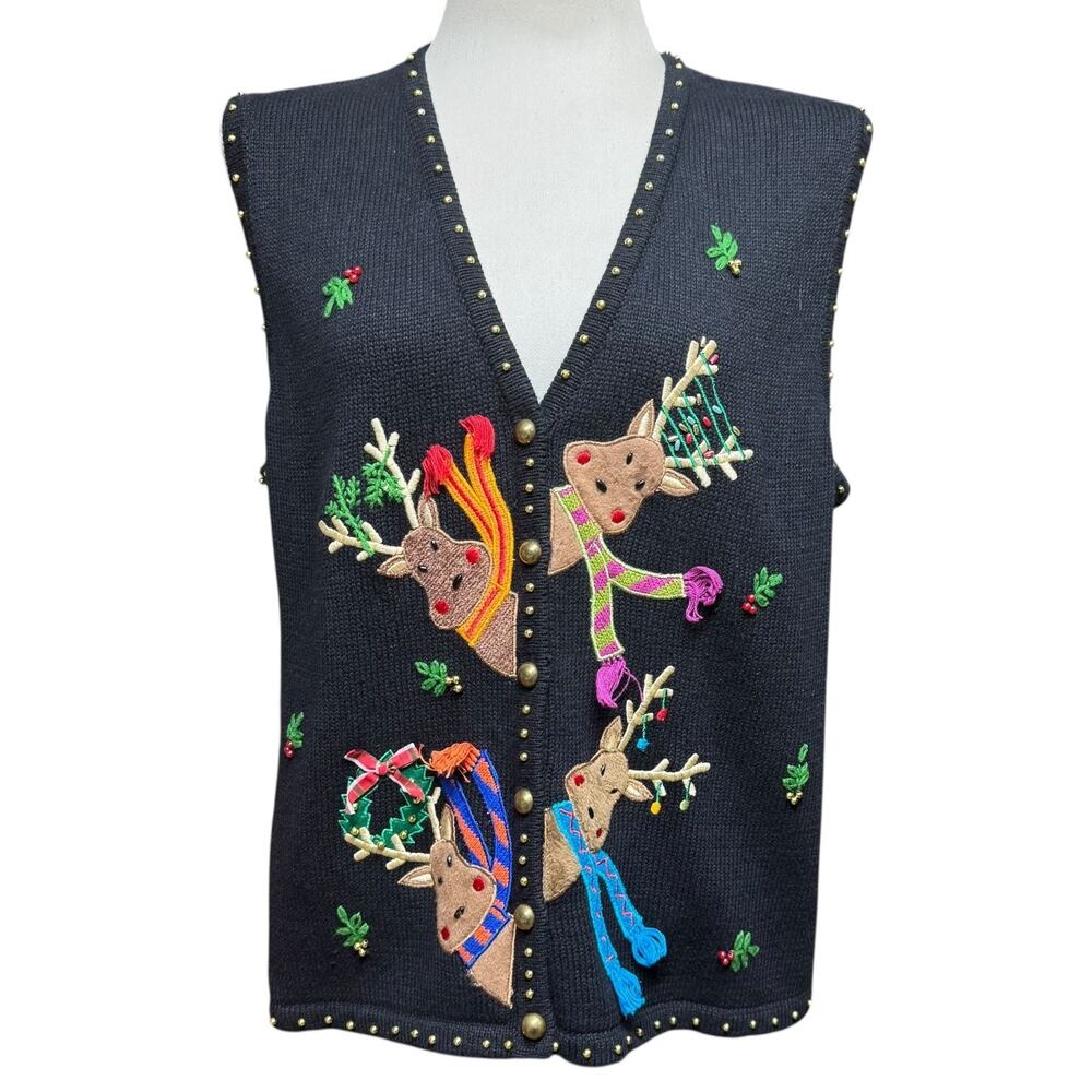 Hampshire Studio Snow Sweater Vest Reindeer Black XL